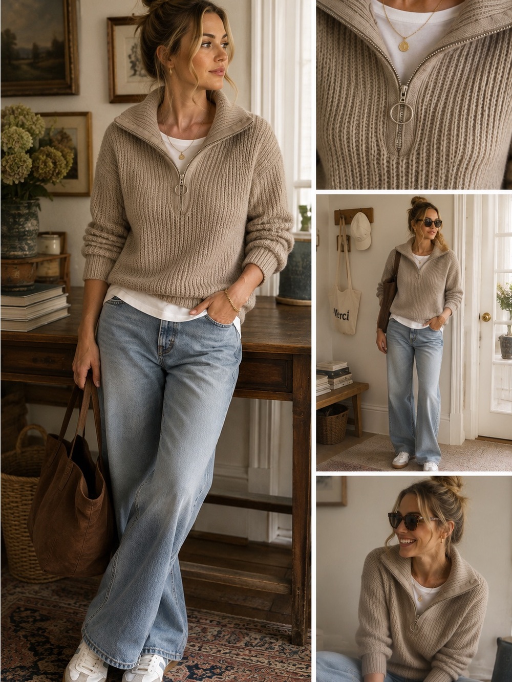 Beige Taupe Ribbed Knit Quarter Zip Collared Sweater Women’s Small